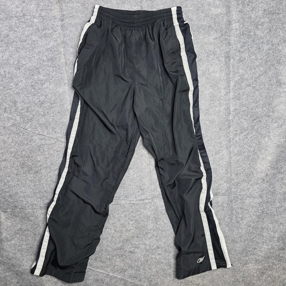 Reebok Pants‎ Mens Large Black Track Warm Up Athletic Side Stripe Zip Hem Lined